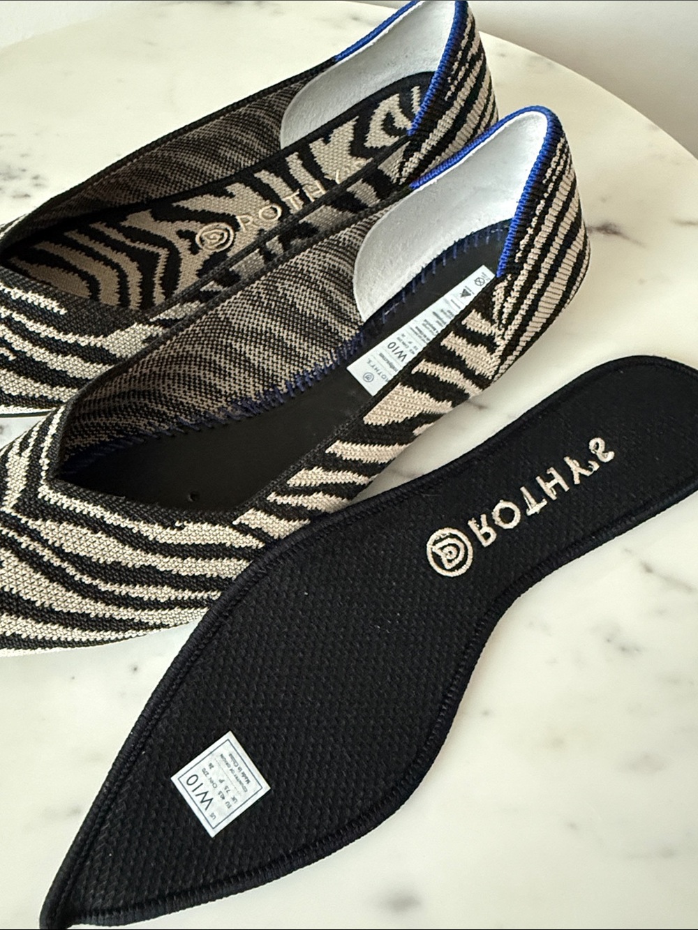 Rothy Zebra-Print Pointed Toe Knit Flats in Black and Tan Size 10 - Picture 5 of 6